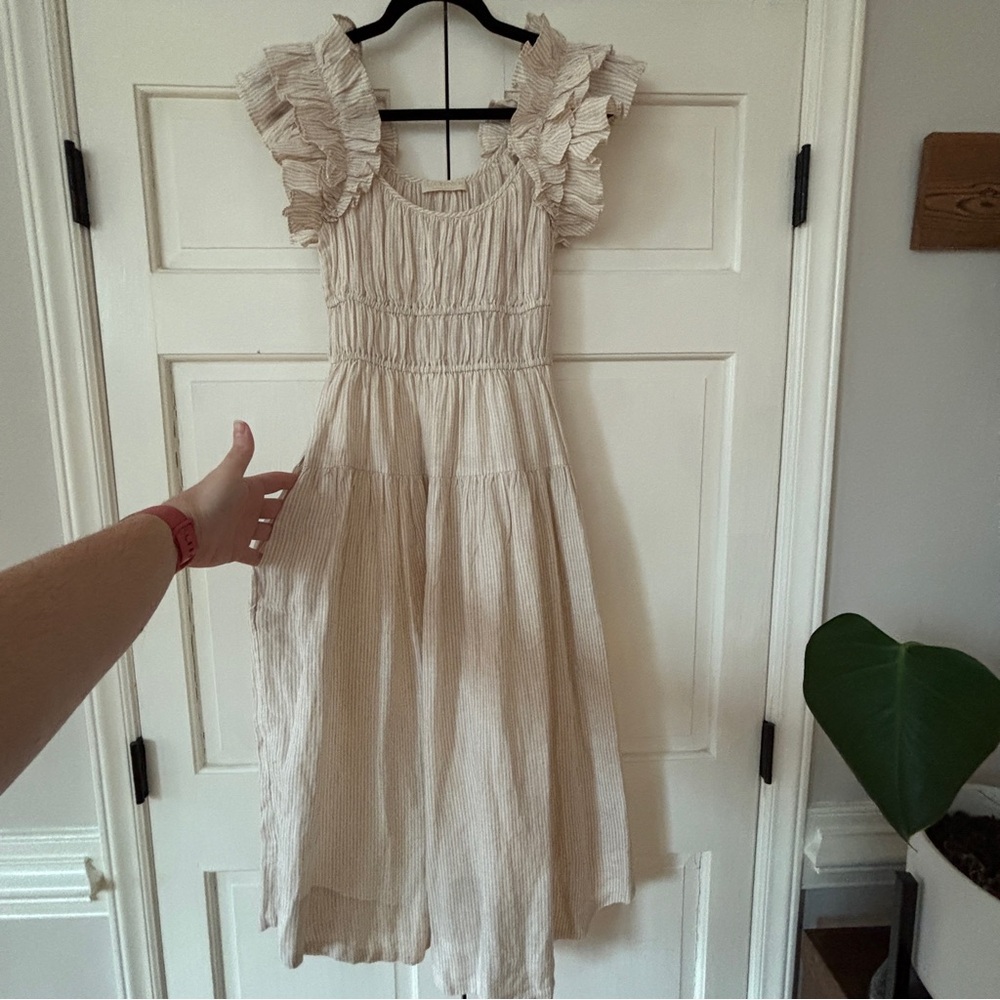 Ulla Johnson Rissa Dress Sand Linen Striped Ruffle Nap Midi Dress Size 2 Beach - Picture 7 of 16